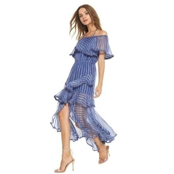 Misa Los Angeles Dress Blue Gold Medium Ambrosia Ruffle Hem Boho Festival NEW - Picture 10 of 16